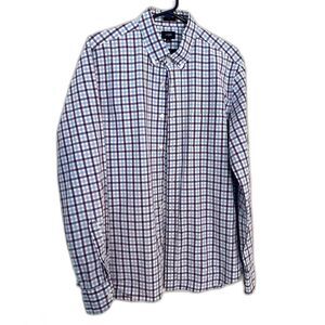 J Crew Men's Long-Sleeved Purple Blue and White Checked Slim Fit Shirt SZ L